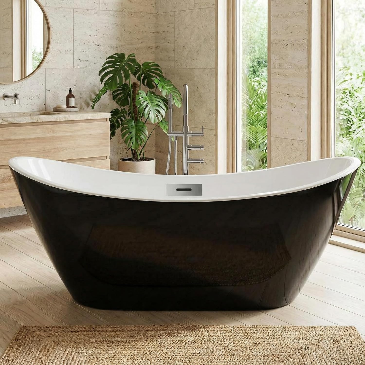 GarveeLife 67 Inch Black Freestanding Bathtub, Deep Soaking Acrylic Tub, Modern Standalone Soaker with Polished Chrome Overflow and Pop-Up Drain, Matte Black Finish