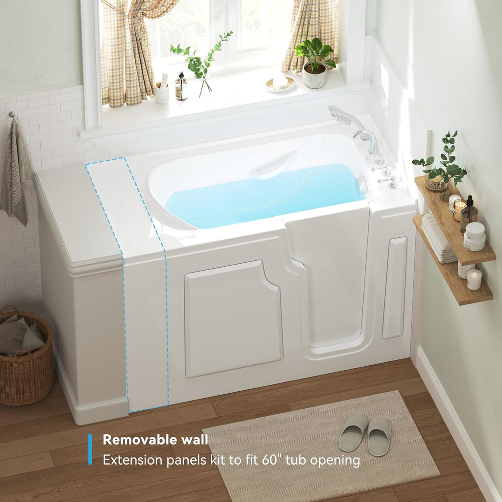 FerdY Floridian 52'x30' Walk-in Bathtub with Right-Side Door Opening and Quick Fill and Drain System, Rectangular Soaking Bathtub in White