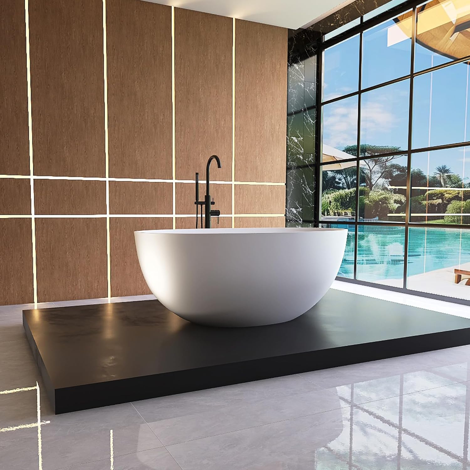 Oval 55' Freestanding Bathtub, Stone Resin Matte White | Solid Surface Stand Alone Bathtub, Modern Soaking Tub with Overflow and Pop-up Drain, cUPC Certified