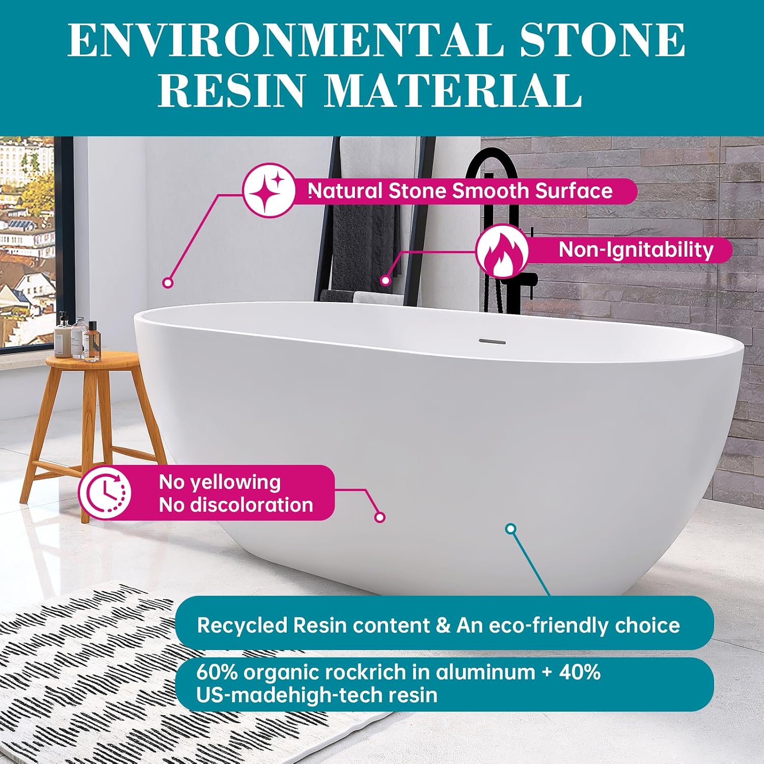59'' Free Standing Tub, Stone Resin Freestanding Bathtub, Bathroom Soaking Tub Soaker Tubs Oval Shaped, Luxury Modern Freestanding Tubs with Overflow and Pop-up Drain - White