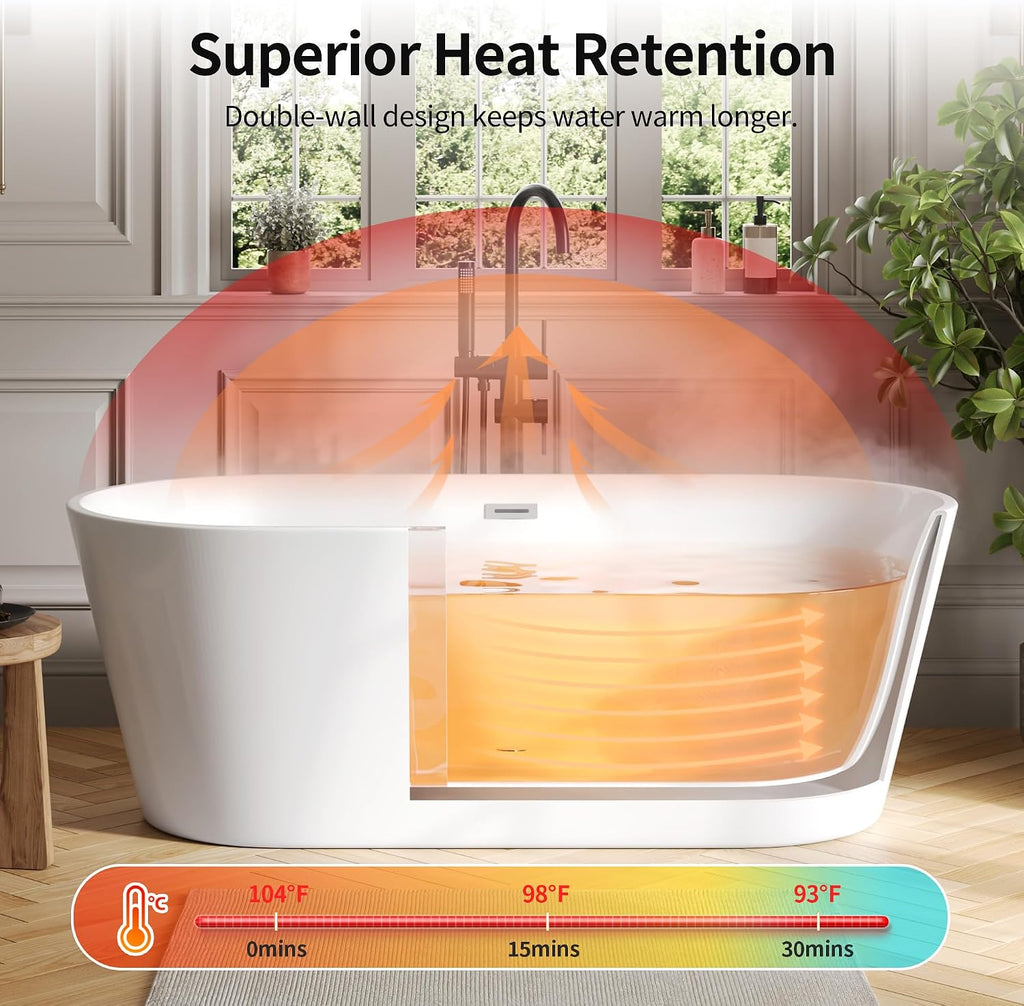 DeerValley 67' Acrylic Freestanding Bathtub, Deep Soaking Tub with Center Drain & Integrated Overflow, White Free Standing Tub, Stand alone Shower Tub with Ergonomic Design, DV-1T133S