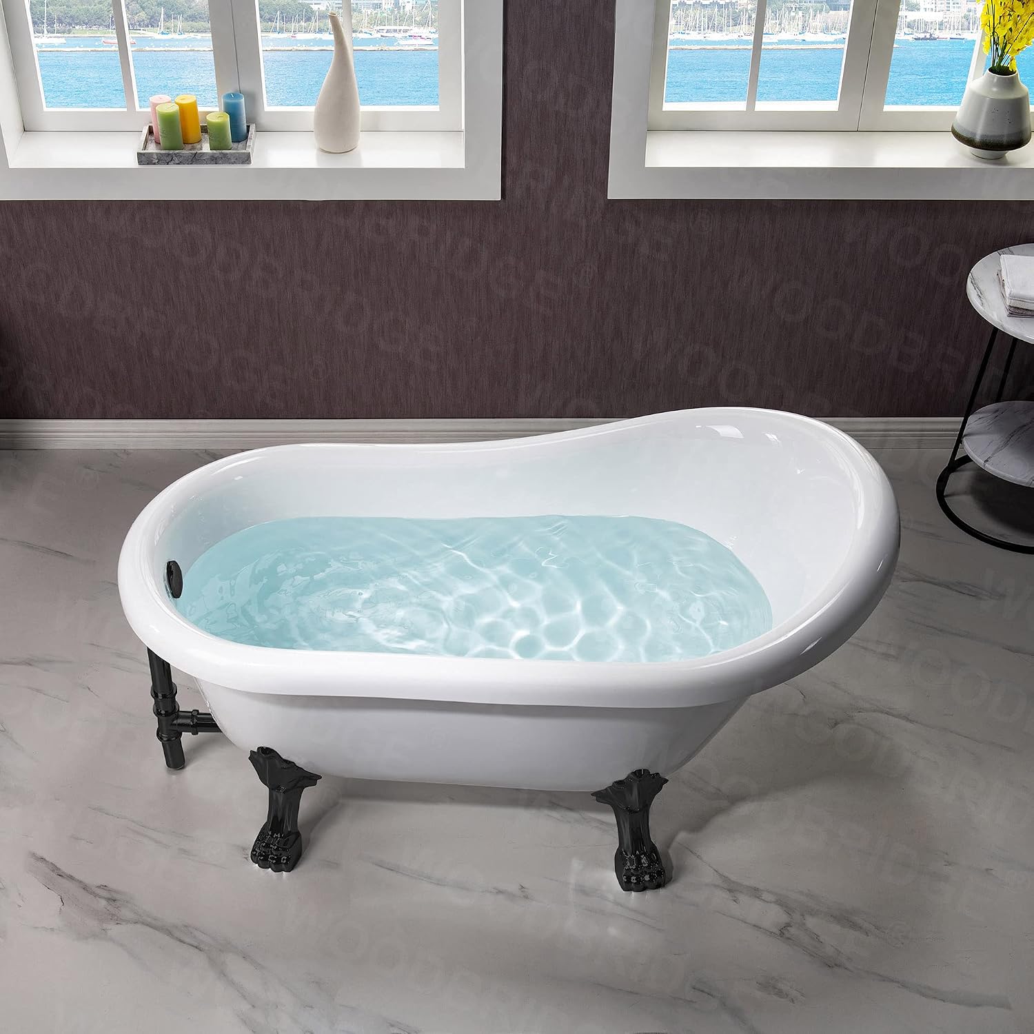 WOODBRIDGE 54' Heavy Duty Acrylic Slipper Clawfoot Bath Tub with Matte Black Feet & Matte Black Drain &Overflow,B0021 MB