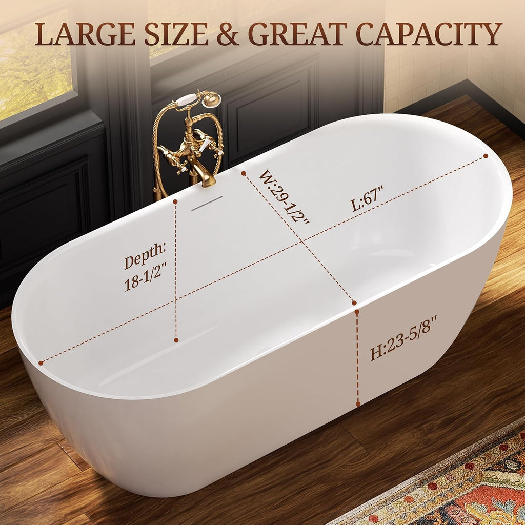 67' Acrylic Freestanding Bathtub, Deep Soaking Tub with Integrated Overflow and Drain, Oval Stand Alone Tub, Modern Bathtubs for Bathroom, cUPC Certified(Glossy White)