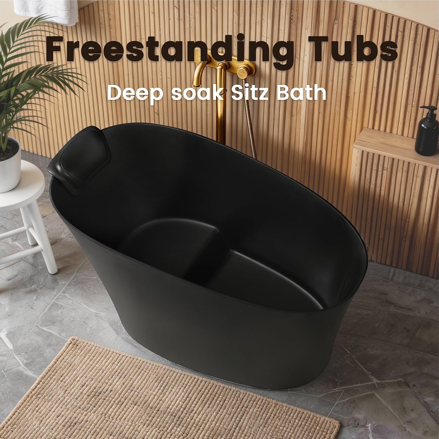 51'Freestanding Thermostatic Bathtub, Solid Surface Japanese Soaking Tub with Integrated Seat Cushion and Headrest, Includes Overflow and Drain Assembly, Oval Black(Black-51')