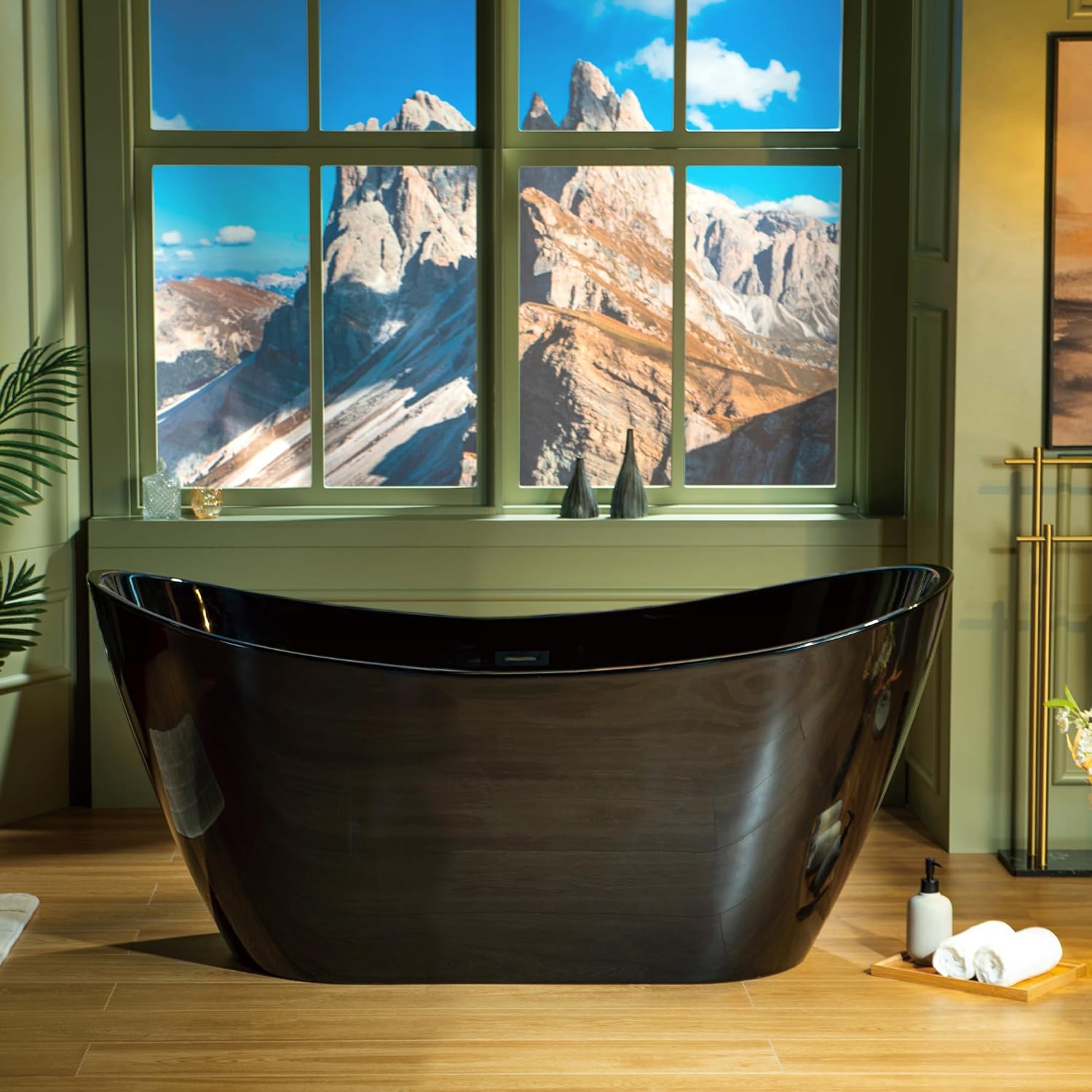 WOODBRIDGE 59' L x 28-3/4' W Freestanding Contemporary Soaking Bathtub with Matte Black Drain & Overflow, Black, B8811-MB