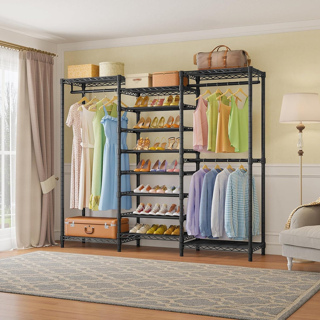 VIPEK S3 Heavy Duty Garment Rack Freestanding Clothes Rack Closet Storage Organizer Large Wardrobe with 8-Tier Shoe Rack, Hanging Rod, Adjustable Shelf, 68.9' L x 15.7' W x 76.4' H, Black