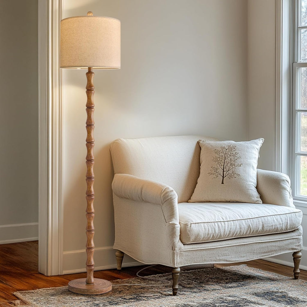 BOBOMOMO Farmhouse Table and Floor Lamp Set of 3, Vintage Lamp Set with Fabric Shade for Living Room, Bedroom, Side Table, Reading Corner