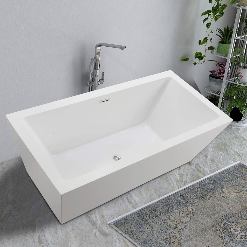 HomeBeyond 59 Inch Freestanding Bathtub | Acrylic Free Standing Tub, Square Flatbottom Freestanding Bathtub Stand Alone Tub, 49 (gallons) capacity