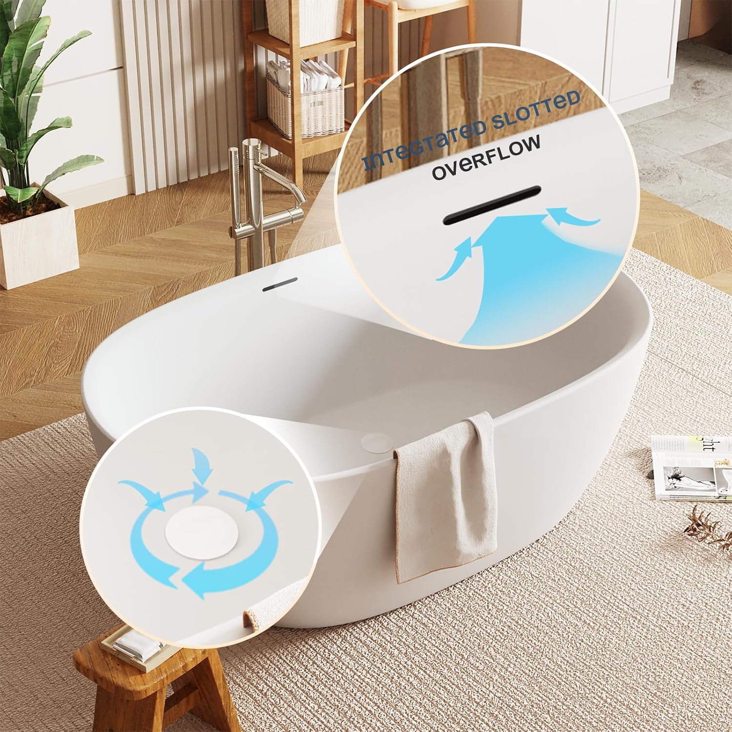 47 * 28 * 24 Inch Acrylic Freestanding Bathtub, Modern Soaking Bright White Bathtub, Equipped With Bright Silver Overflow And Bouncing Water Outlet