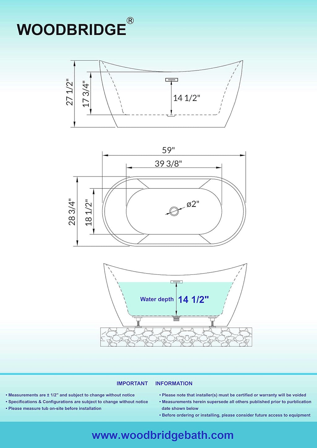 WOODBRIDGE 59' Acrylic Freestanding Bathtub Contemporary Soaking Tub, Black Acrylic(Matte Black Drain/Overflow),BTA1816-MB