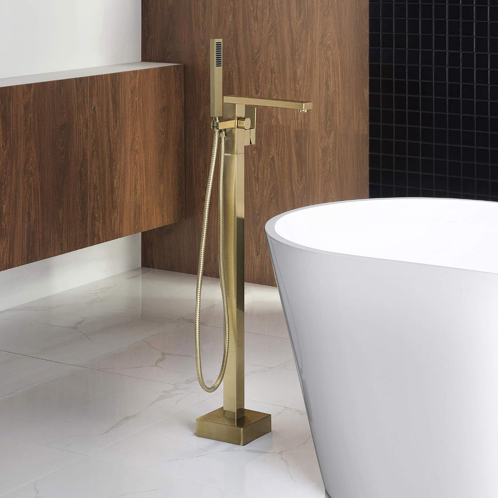 WOODBRIDGE F0008BG Contemporary Single Handle Floor Mount Freestanding Tub Filler Faucet with Hand Shower in Brushed Gold Finish