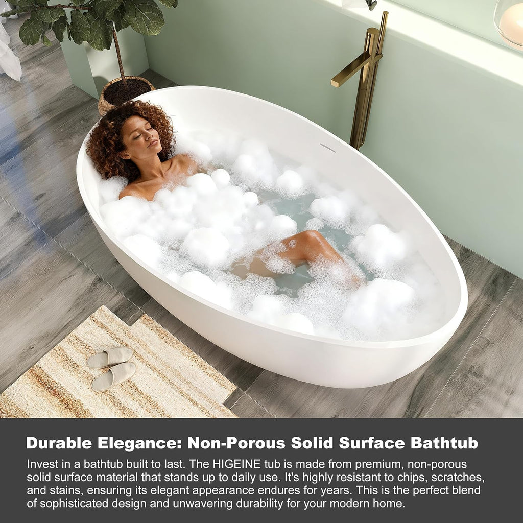 71' Premium Solid Surface Freestanding Bathtub, Unique Oval Stone Resin Tub with Overflow and Pop-up Drain, Matte White