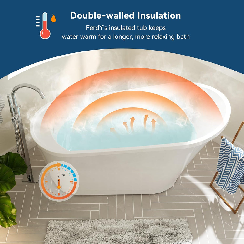 FerdY Langkawi 67' Acrylic Freestanding Bathtub, White Modern Stand Alone Soaking Bathtub, cUPC Certified, Brushed Nickel Drain and Minimalist Linear Design Overflow Included, Easy to Install