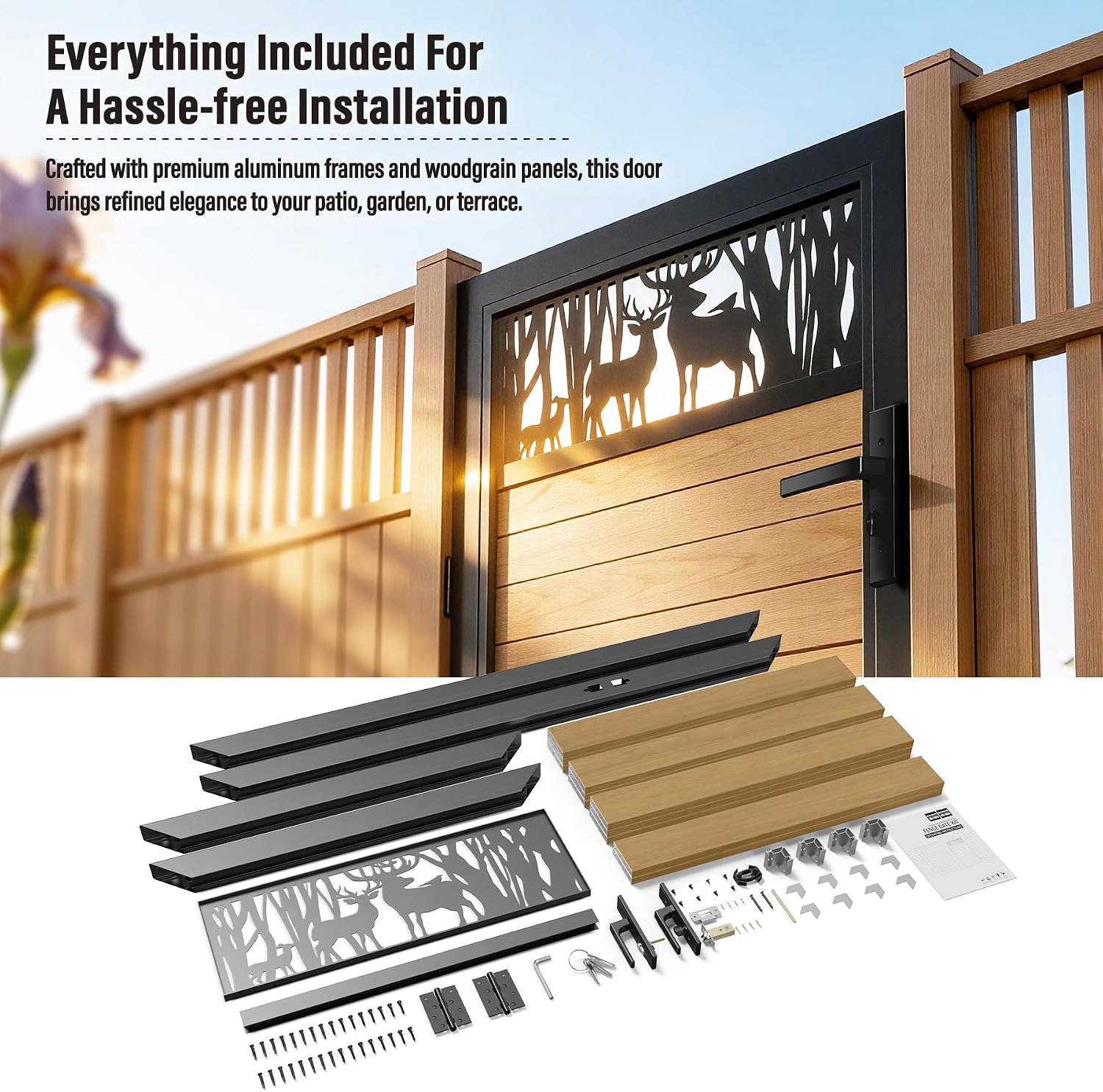 3x5 FT Aluminum Fence Gate Kit Wood Grain Aluminum Gate with Decorative Cutout, Lock & Hinges, Left/Right Opening, Weather Resistant for Yard Garden Patio
