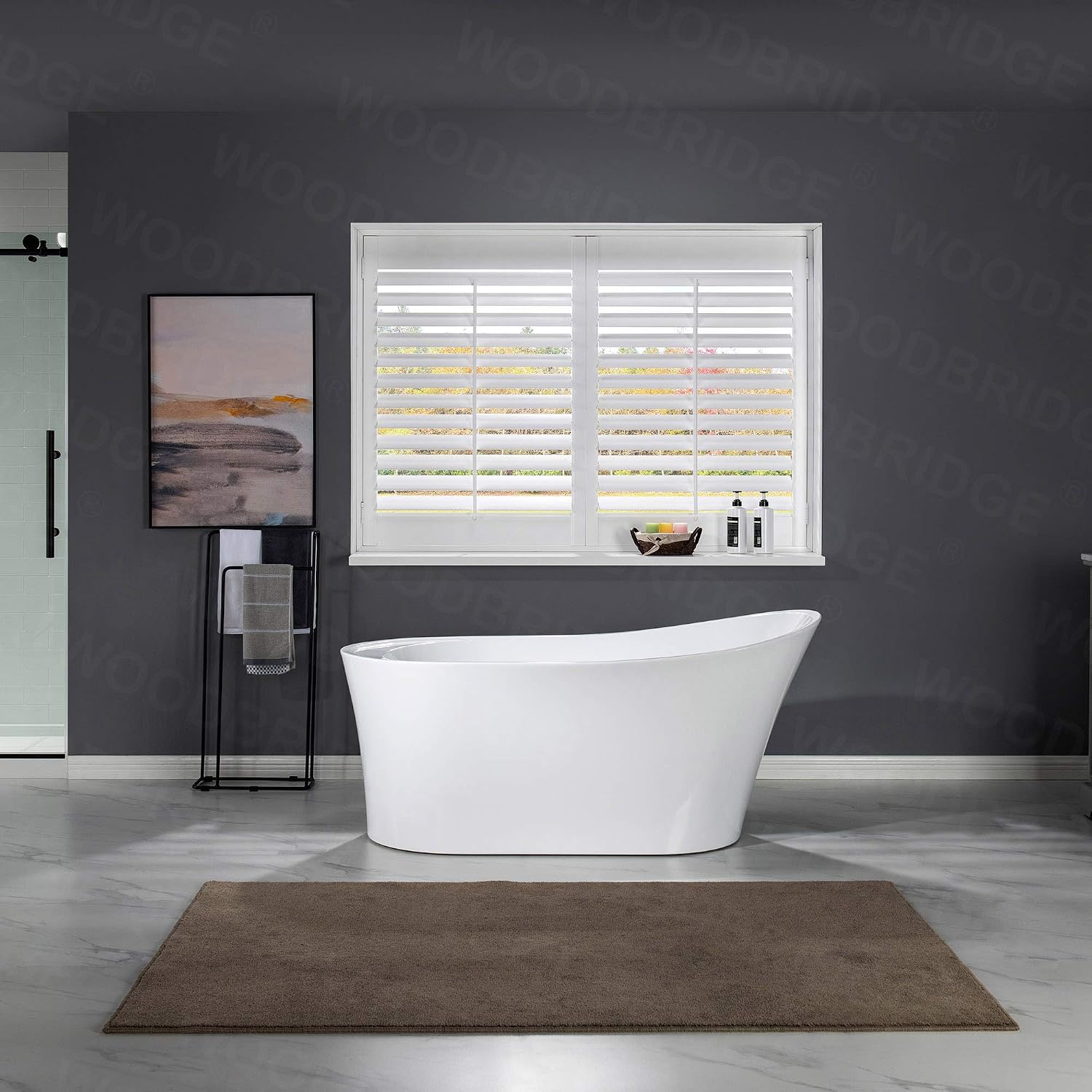 WOODBRIDGE 59' Acrylic Freestanding Bathtub Contemporary Soaking Tub with Matte Black Overflow and Drain B0083-MB-Drain &O,White