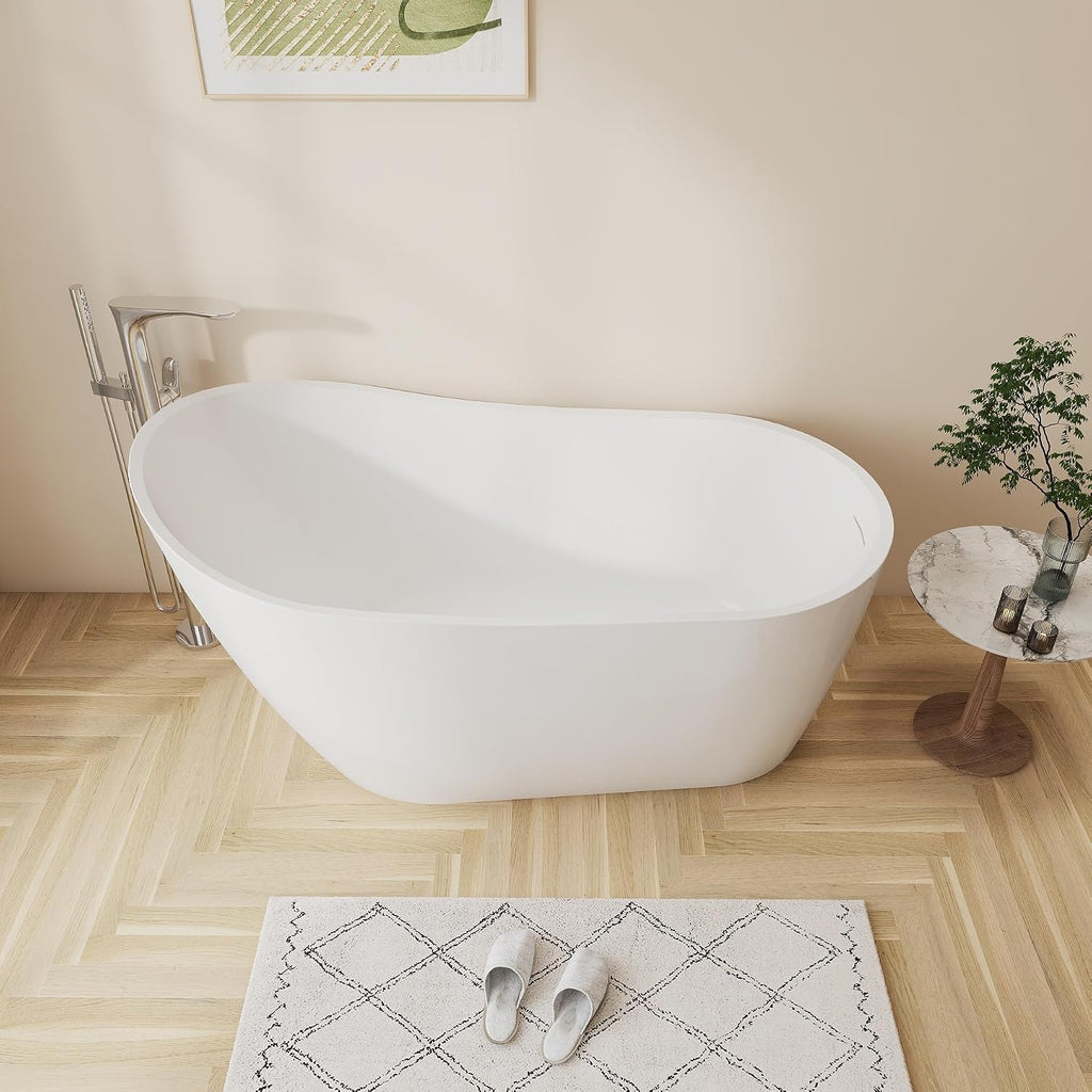 67'' Freestanding White Acrylic Bathtub, Oval Soaking Tub | Oval White Acrylic Freestanding Soaking Tub with Chrome Drain & 4 Adjustable Leveling Feet, No Overflow Cover & Drain Pipe
