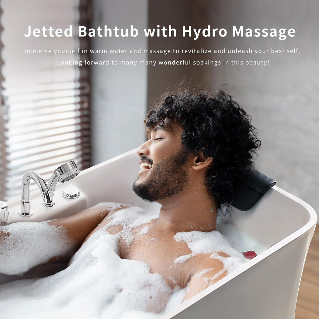 Empava 59-Inch White Freestanding Whirlpool Bathtub Rectangular with 8 Hydromassage Adjustable Water Jets