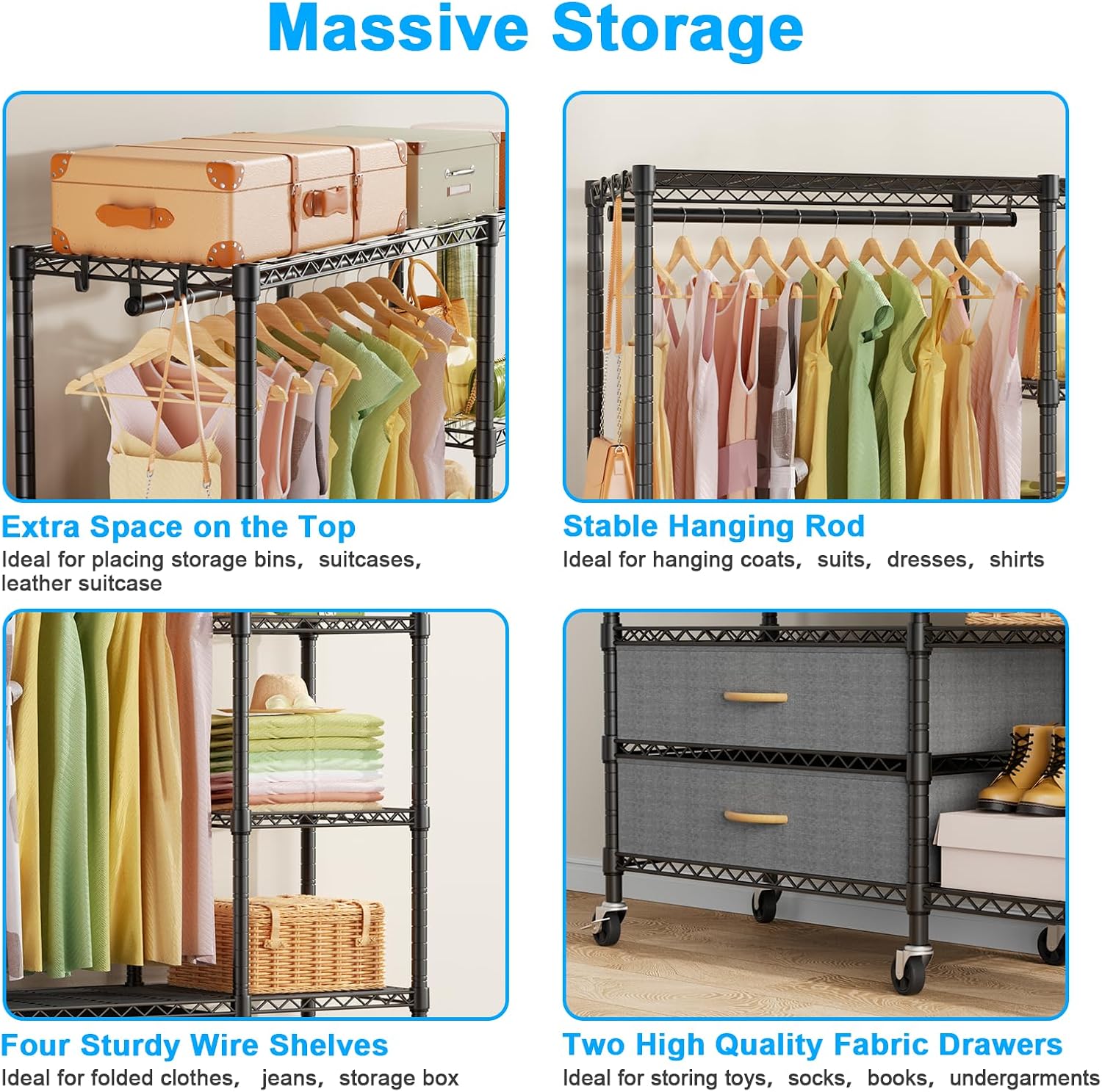 Ulif F3R Heavy Duty Clothes Rack（With Lockable Wheels）Freestanding Clothing Racks for Hanging Clothes，Adjustable Closet Organizer System，Portable Garment Rack 40'W x 15'D x 74'H，Max Load 700LBS，Black