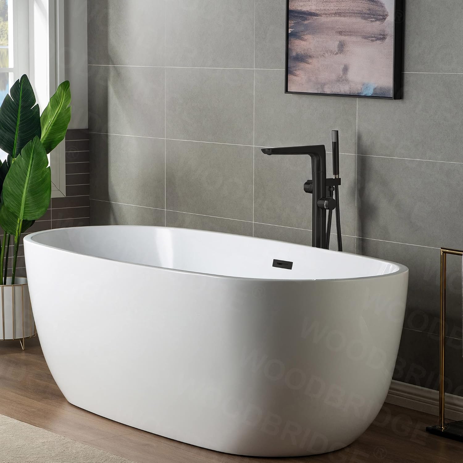 WOODBRIDGE F0015BL Contemporary Single Handle Floor Mount Freestanding Tub Filler Faucet with Hand shower in Matte Black Finish.