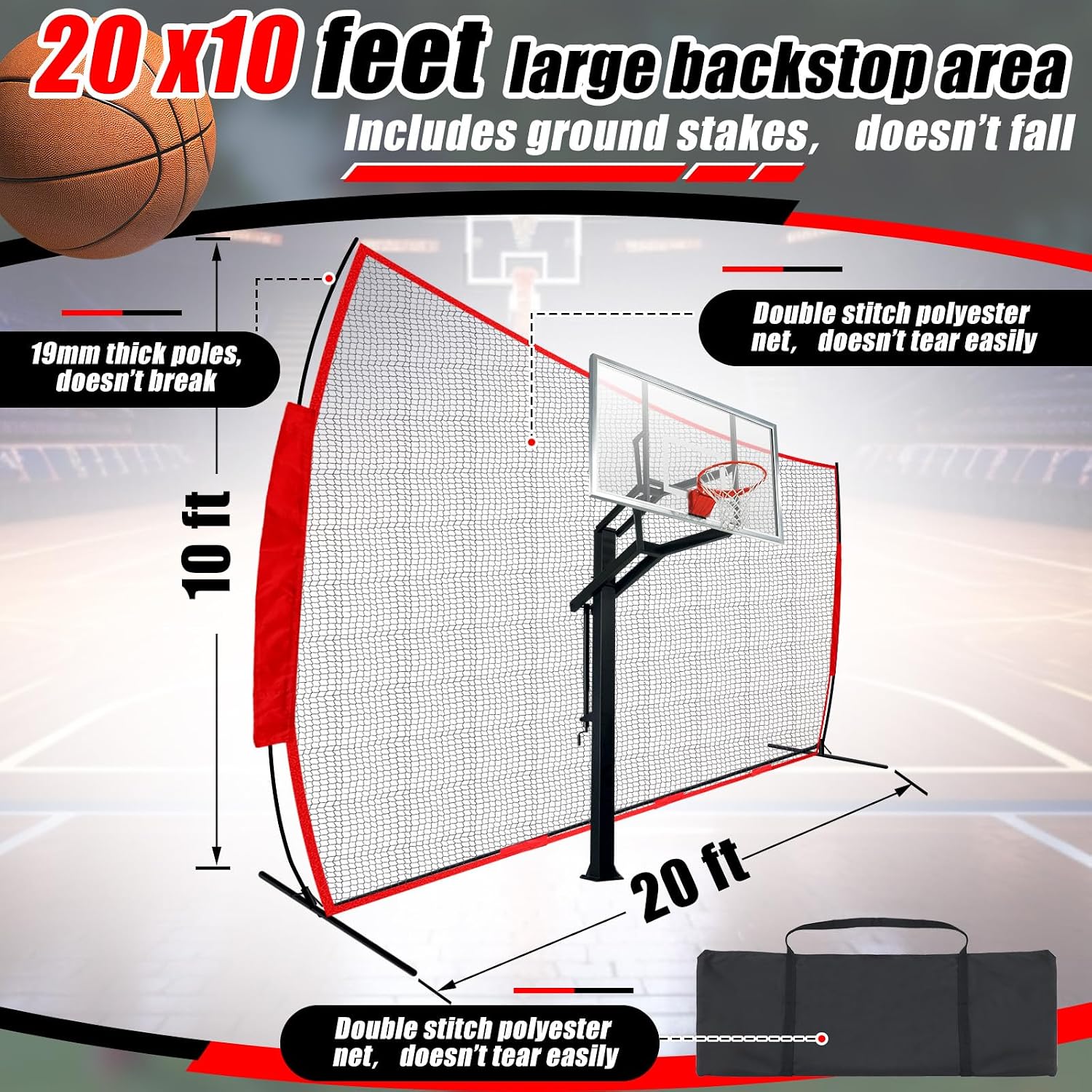Seenelling Basketball Net Catcher Backstop Net Sports Barrier Nets for Backyard Rebounder to Guard Rebound and Return Basketball with Carry Bag