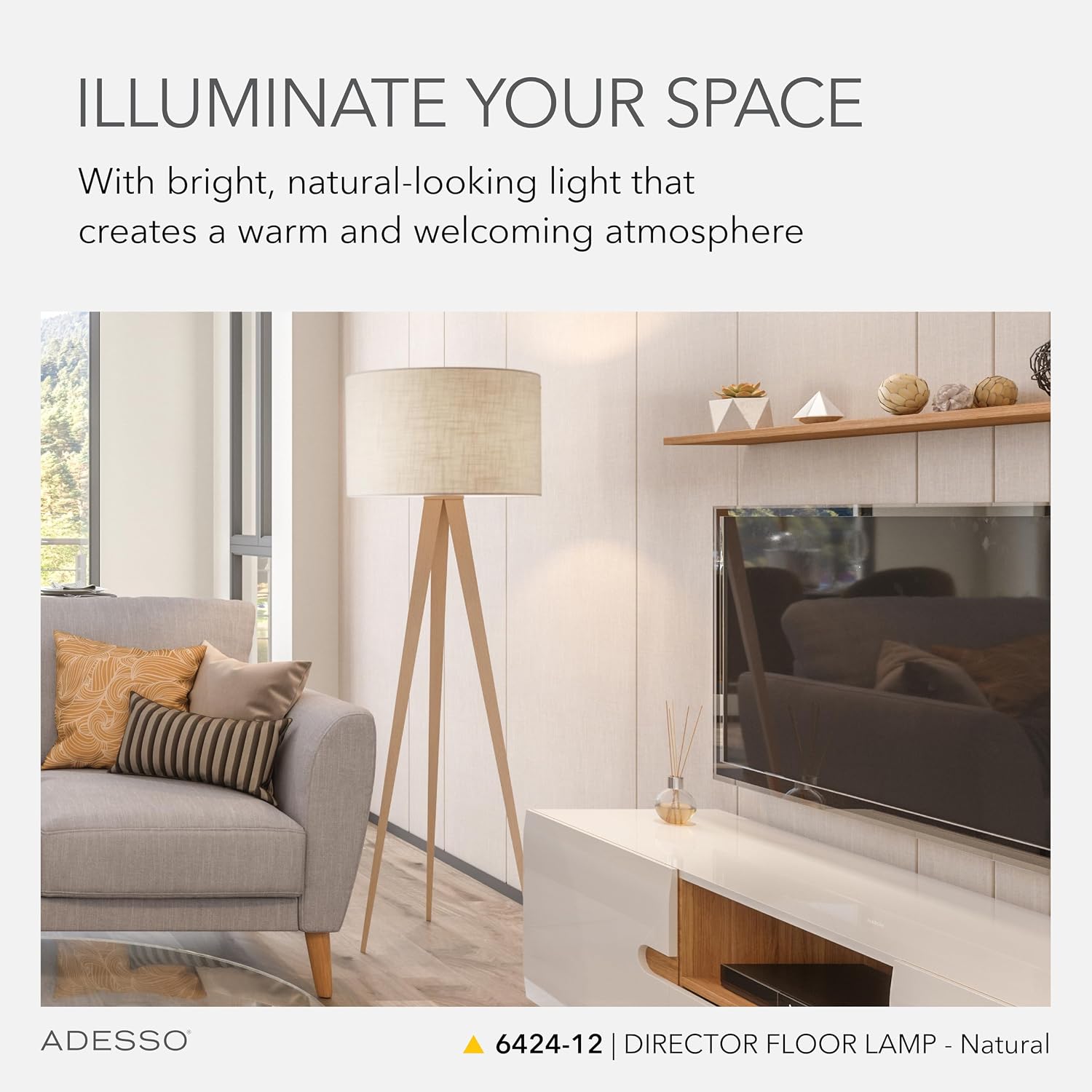 Adesso Floor Lamp with Natural Oak Veneer and Off-White Fabric Lampshade – 3-Way Adjustable Brightness, Lamp for Bedroom, Living Room, and House Décor, 60.25' x 21'
