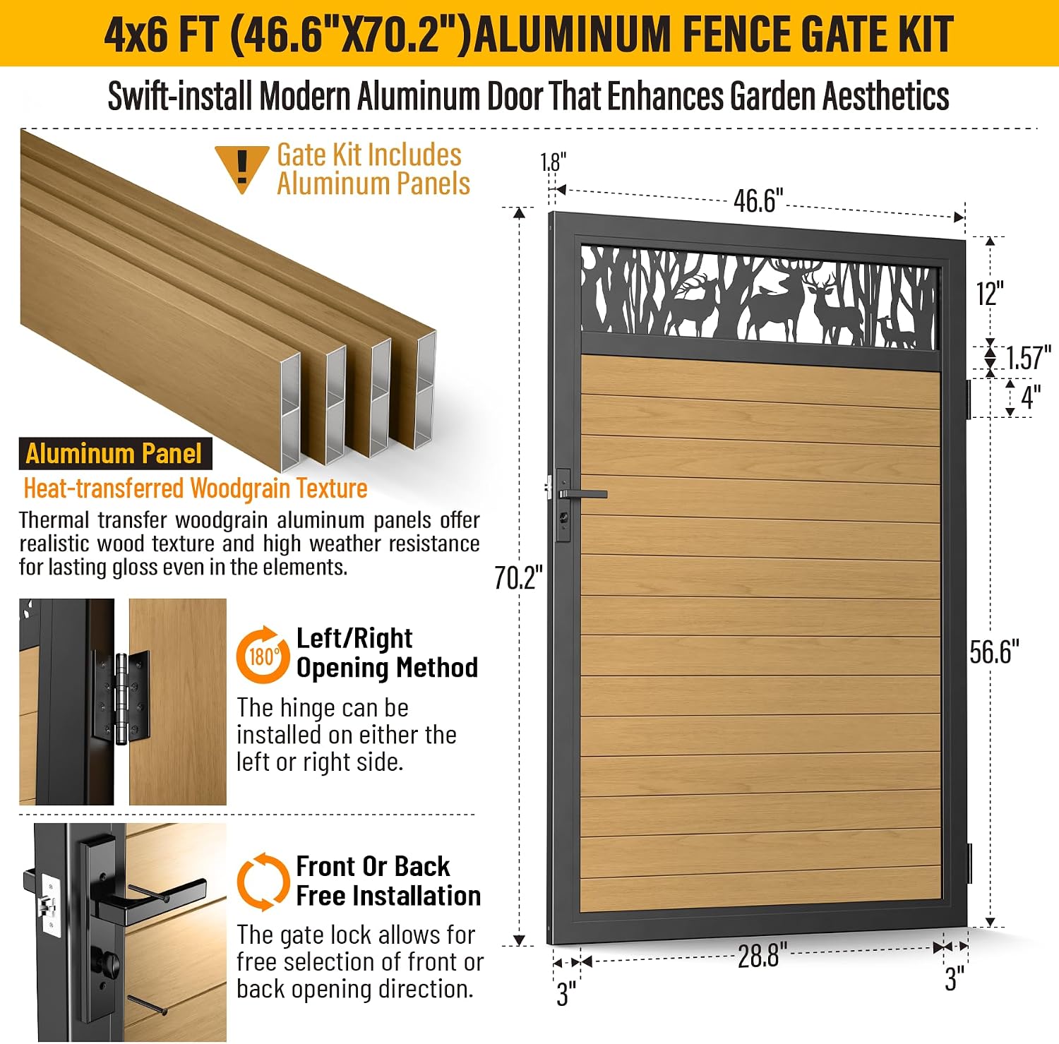 4x6 FT Aluminum Fence Gate Kit Wood Grain Aluminum Gate with Decorative Cutout, Lock & Hinges, Left/Right Opening, Weather Resistant for Yard Garden Patio
