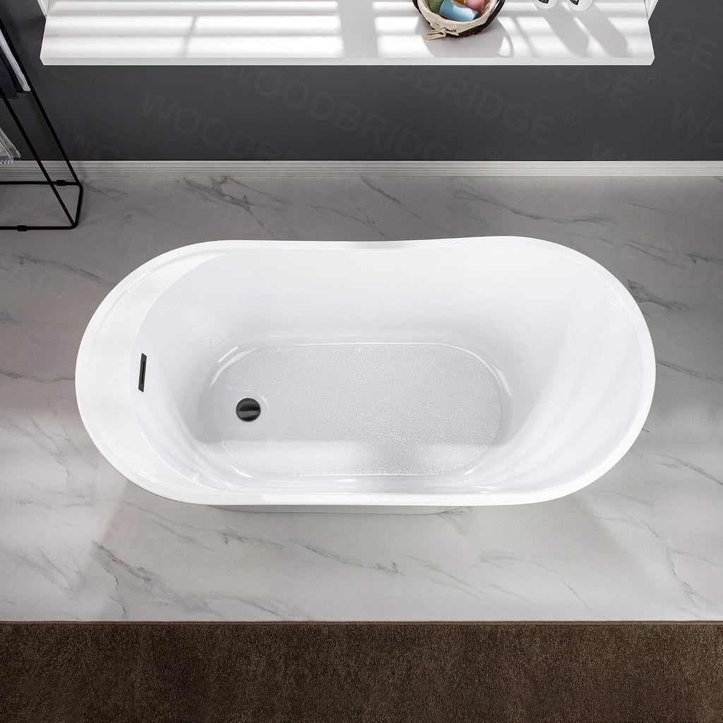 WOODBRIDGE 59' Acrylic Freestanding Bathtub Contemporary Soaking Tub with Matte Black Overflow and Drain B0083-MB-Drain &O,White