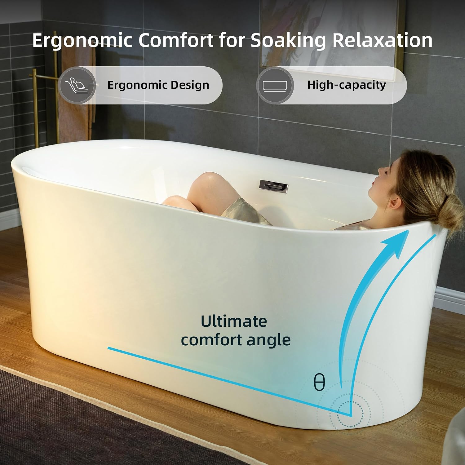 WOODBRIDGE 67' Acrylic Freestanding Bathtub Contemporary Soaking Tub with Brushed Nickel Overflow and Drain,White Tub,B0057-BN