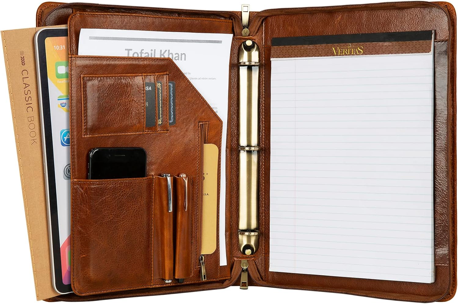 Leather Binder 3-Ring, Oil-Tanned Portfolio with Notepad, Engraved Padfolio Personalized for iPad/Laptop, Business Gift for Men/Women (Brown, Non-Custom)