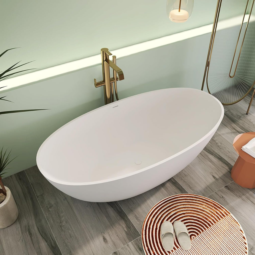 71' Premium Solid Surface Freestanding Bathtubs, Oval Stone Resin Tub with Overflow and Pop-up Drain, Matte White