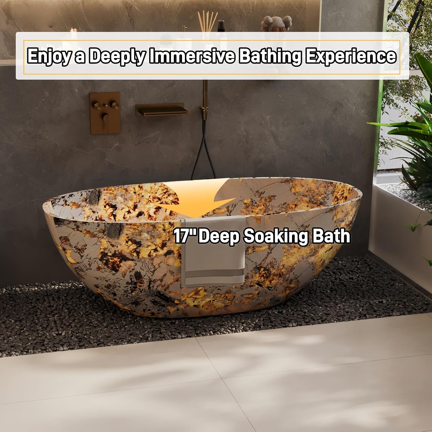 63' Edeyeu Freestanding Bathtub - Luxury Solid Surface Bathtub Soaking Tub With Extra Deep Ergonomic Design, Modern Spa Style For Home, Villa, And Hotel Bathrooms, color