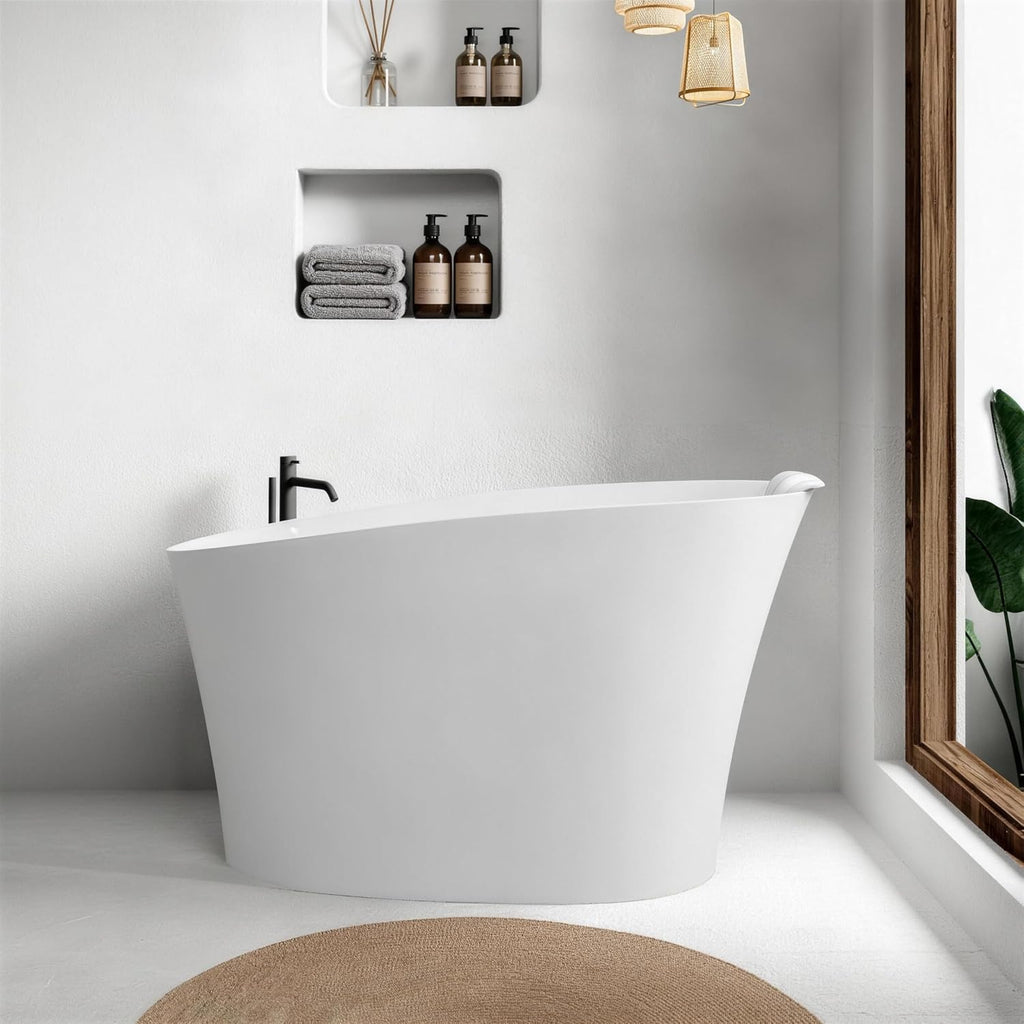 51'Freestanding Thermostatic Bathtub, Solid Surface Japanese Soaking Tub with Integrated Seat Cushion and Headrest, Includes Overflow and Drain Assembly, Oval White (White-51')