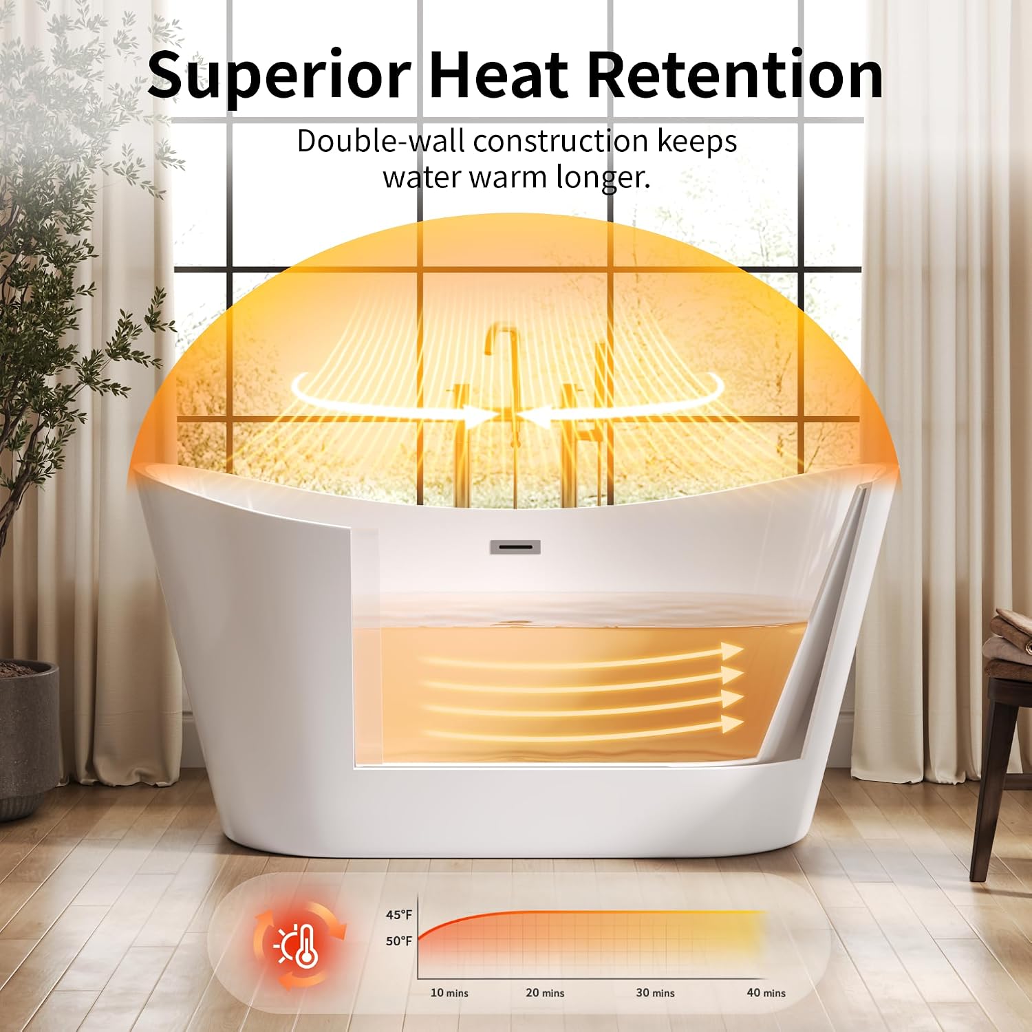 DeerValley 59' Free Standing Bathtub, Acrylic Soaking Tub with Center Drain & Integrated Overflow, Modern Standalone Shower Tub White, Deep Soaker, Ergonomic Design, DV-1T151S