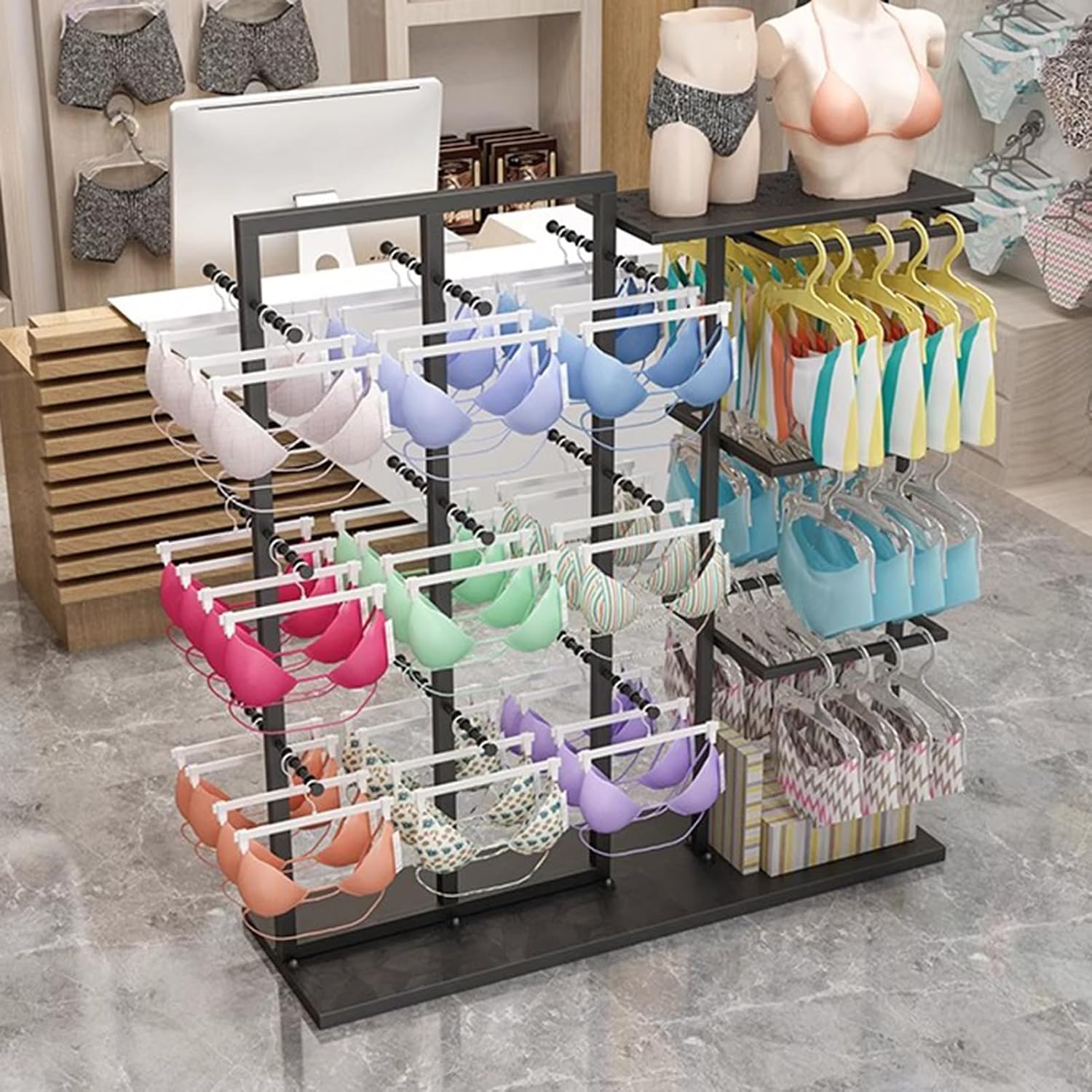 Freestanding Clothing Store Organizer Rack, Underwear Rack, Retail Store Scarf Panty Shorts Bra Hijab Silk Shawl Display Stand for Boutique/Cloth Store(Black B 130X40X135CM)