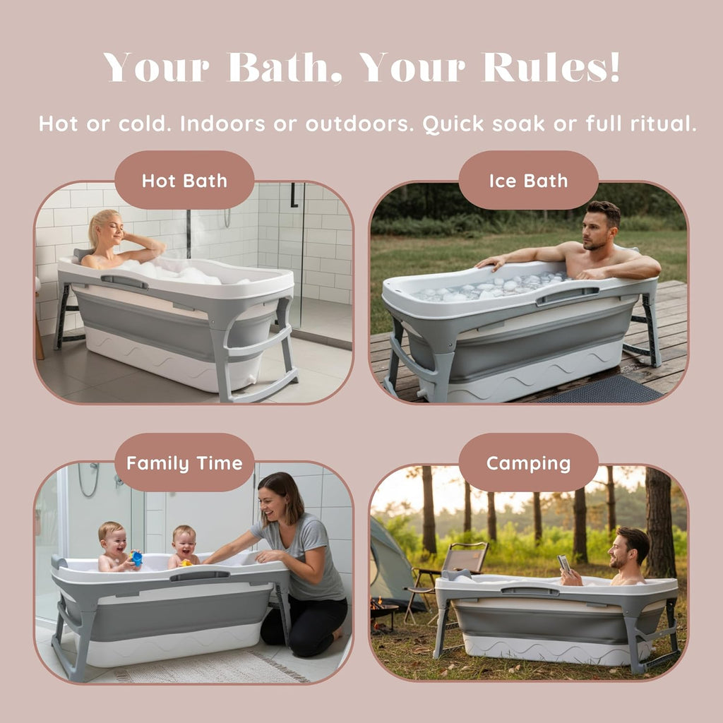 Portable Bathtub for Adult- Extra Large 56' Foldable Collapsible tub. Ergonomically Designed for the Ultimate Relaxing Soaking Bath, Ice Bath. Ideal for Small Spaces, Quick, Effortless Folding Bathtub