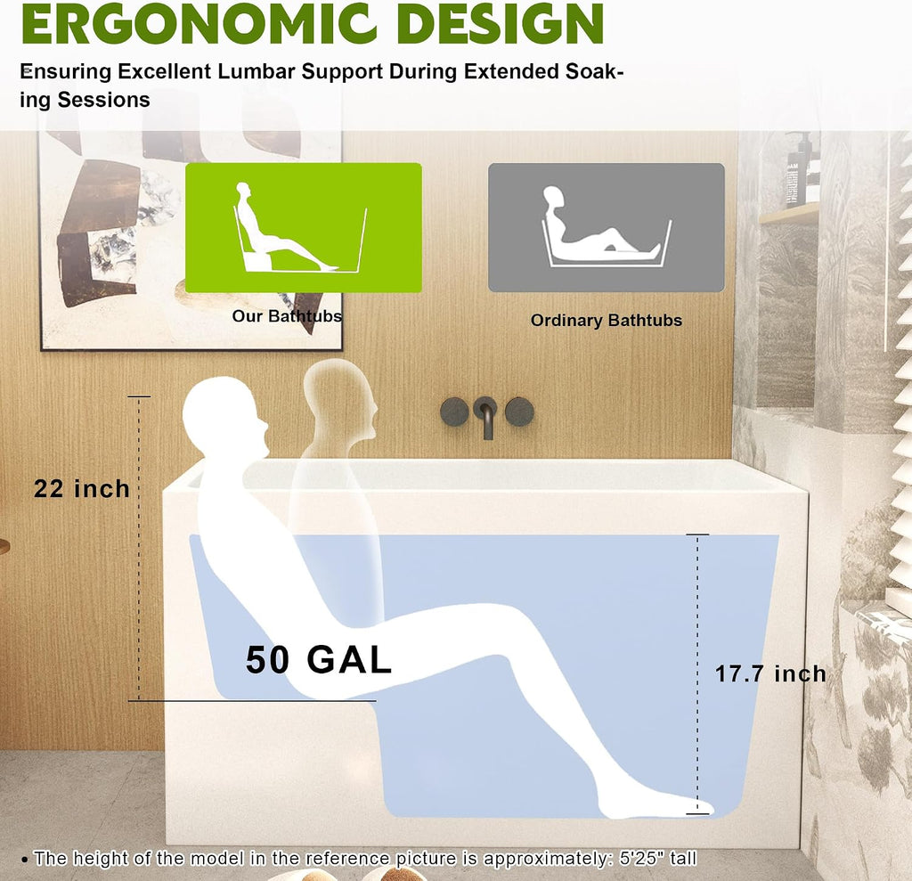 43' Freestanding Acrylic Bathtub with Seat, Spacious Rectangle Design, Premium Gloss White Finish, Chrome Overflow Drain