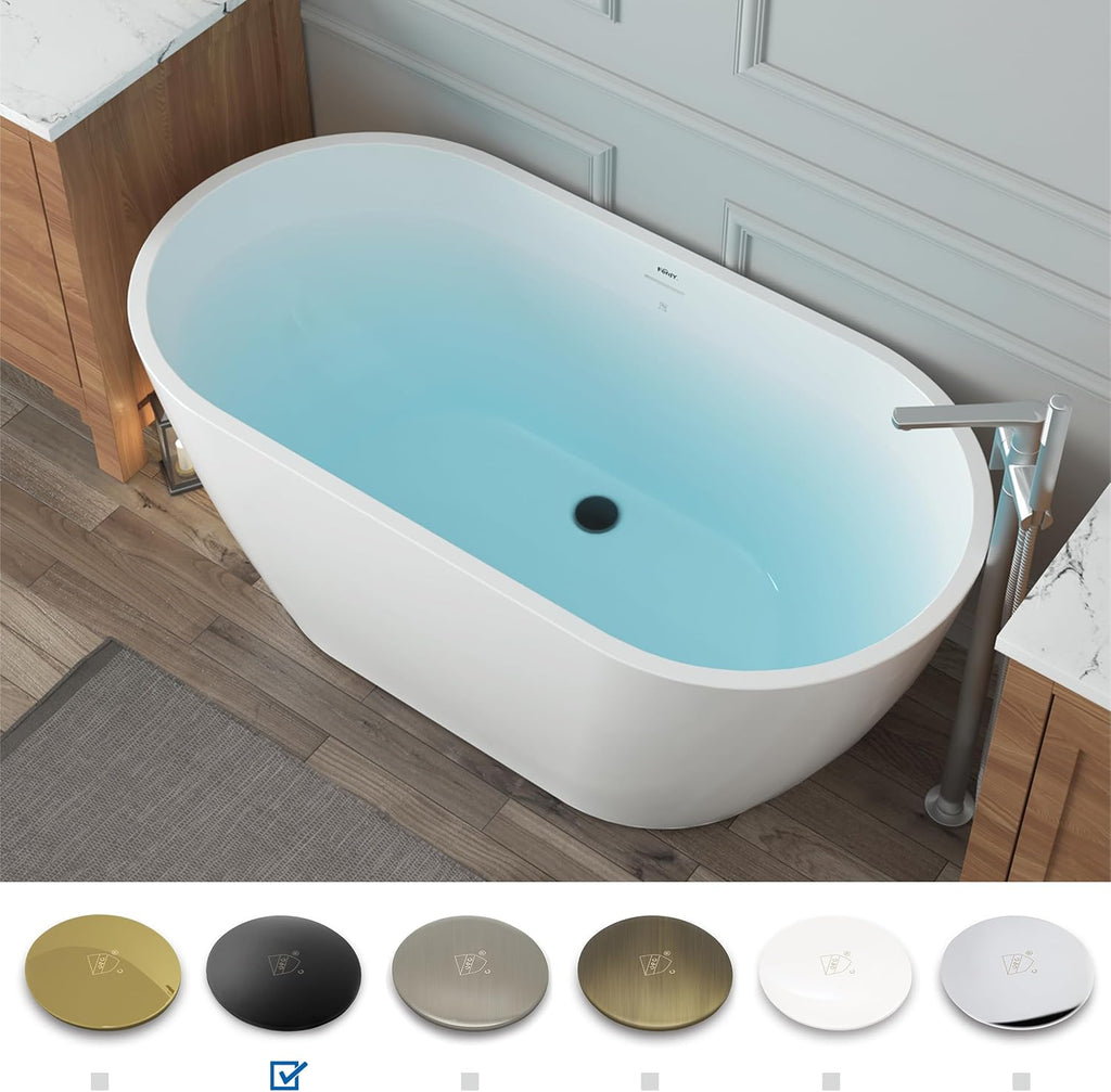 FerdY 55' Bali Acrylic Freestanding Bathtub, Gracefully Shaped Freestanding Soaking Bathtub, cUPC Certified, Toe-Tap Matte Black Drain& Bath Pillow for Bathtub,Thick Tub Pillows