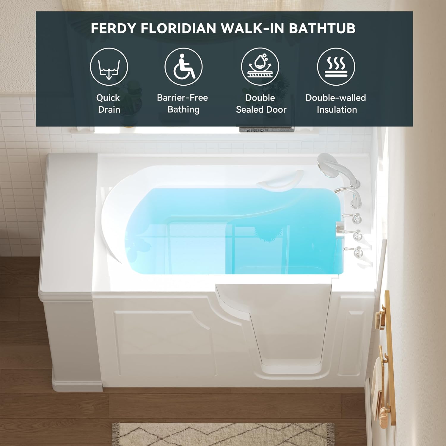 FerdY Floridian 55'x33' Walk-in Bathtub with Right-Side Door Opening and Quick Fill and Drain System, Rectangular Soaking Bathtub in White