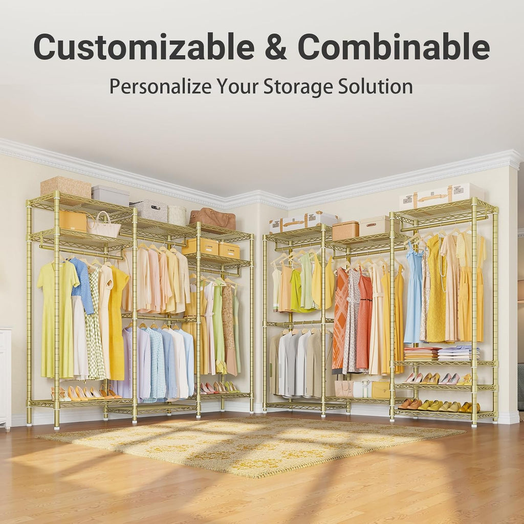 VIPEK V5 Portable Closet Wardrobe Heavy Duty Clothes Rack, Freestanding Metal Clothing Racks Custom Closet Racks with 8 Adjustable Shelves, 68.9' Lx15.7 Wx76.4 H, Max Load 890LBS, Gold