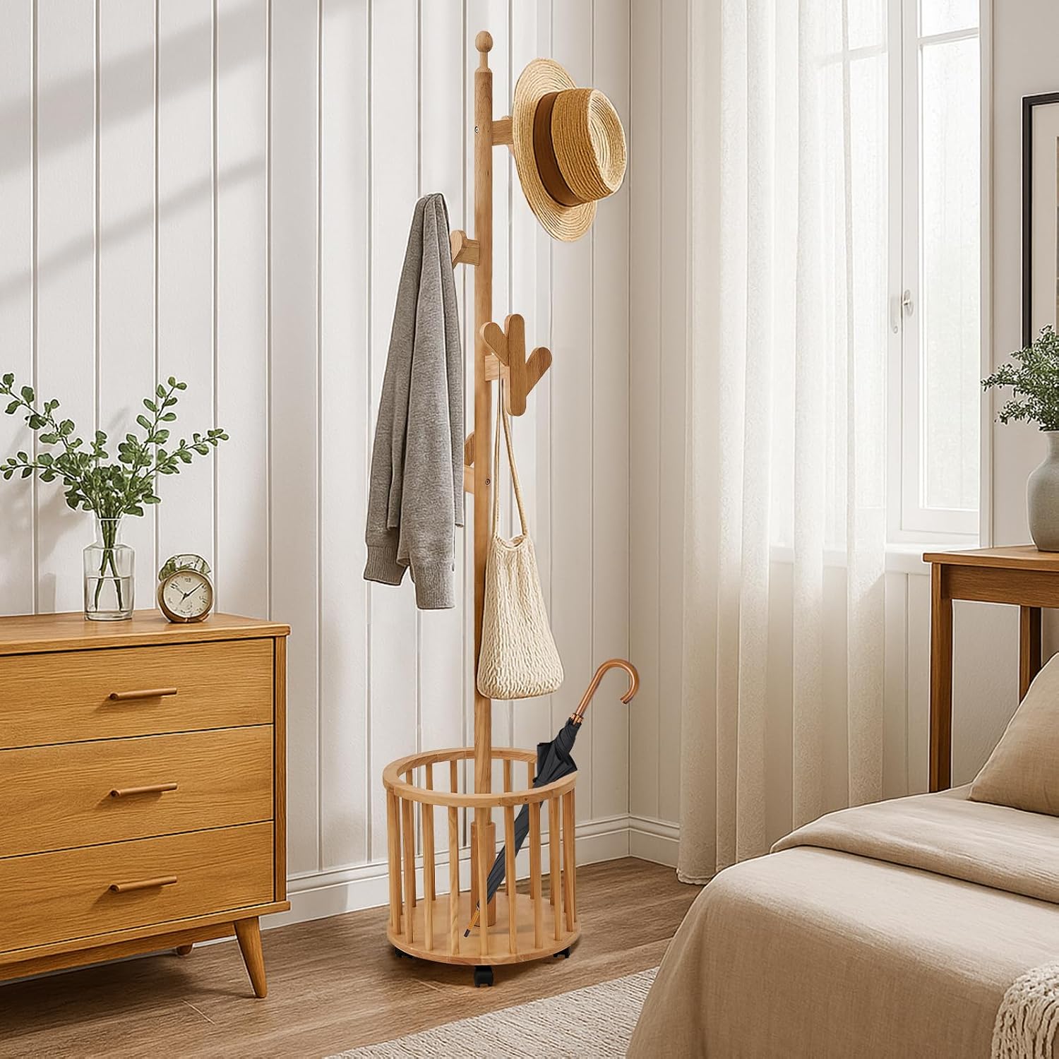 CozyDH Solid Wood Coat Rack Freestanding with Lockable 360° Rotary Casters, Coat Tree Stand with Umbrella Holder & Laundry Basket Storage & 12 Hooks, Natural