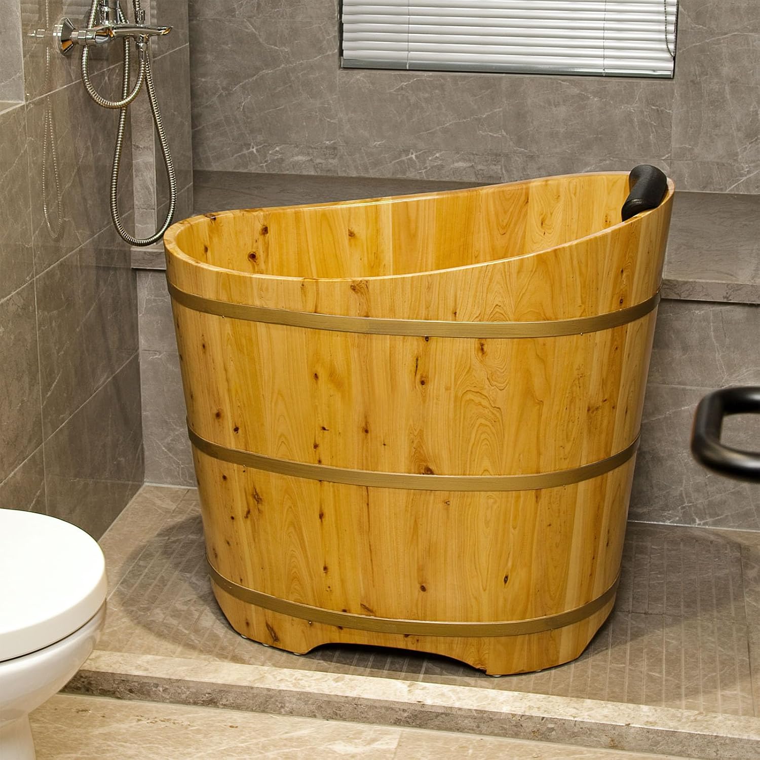 34 Inches Small Handcrafted Free Standing Wooden Bathtub, Portable Deep Soaking Tub for Relaxation, Natural Cedar Wood, Ideal for Home Spas and Bathroom Renovations, Perfect Hot Tub Option