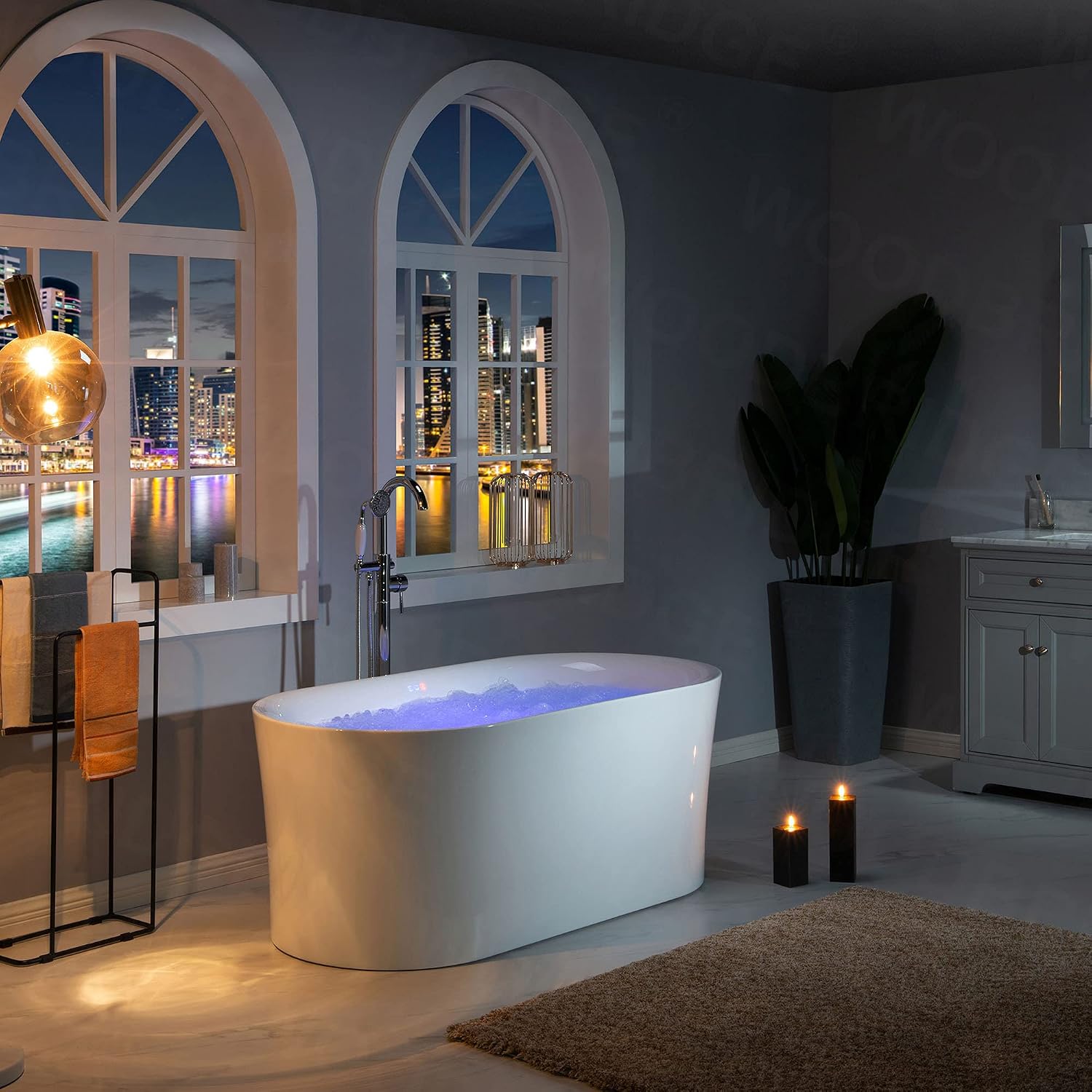 WOODBRIDGE 59' Air Bubble Acrylic Freestanding Bathtub Contemporary Soaking Tub, White Acrylic wirh Oil Rubbed Bronze Drain and Overflow,B0102-ORB