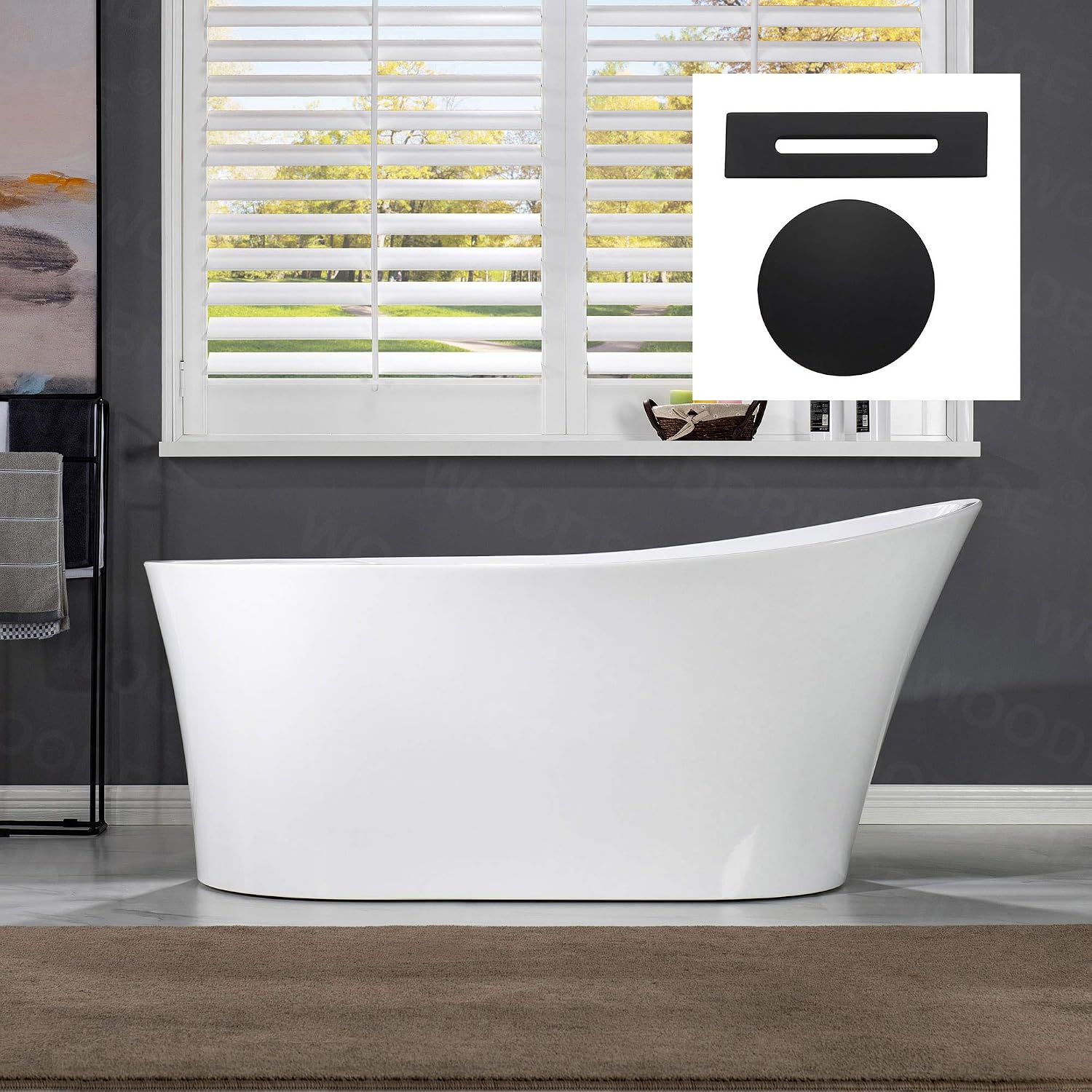 WOODBRIDGE 59' Acrylic Freestanding Bathtub Contemporary Soaking Tub with Matte Black Overflow and Drain B0083-MB-Drain &O,White