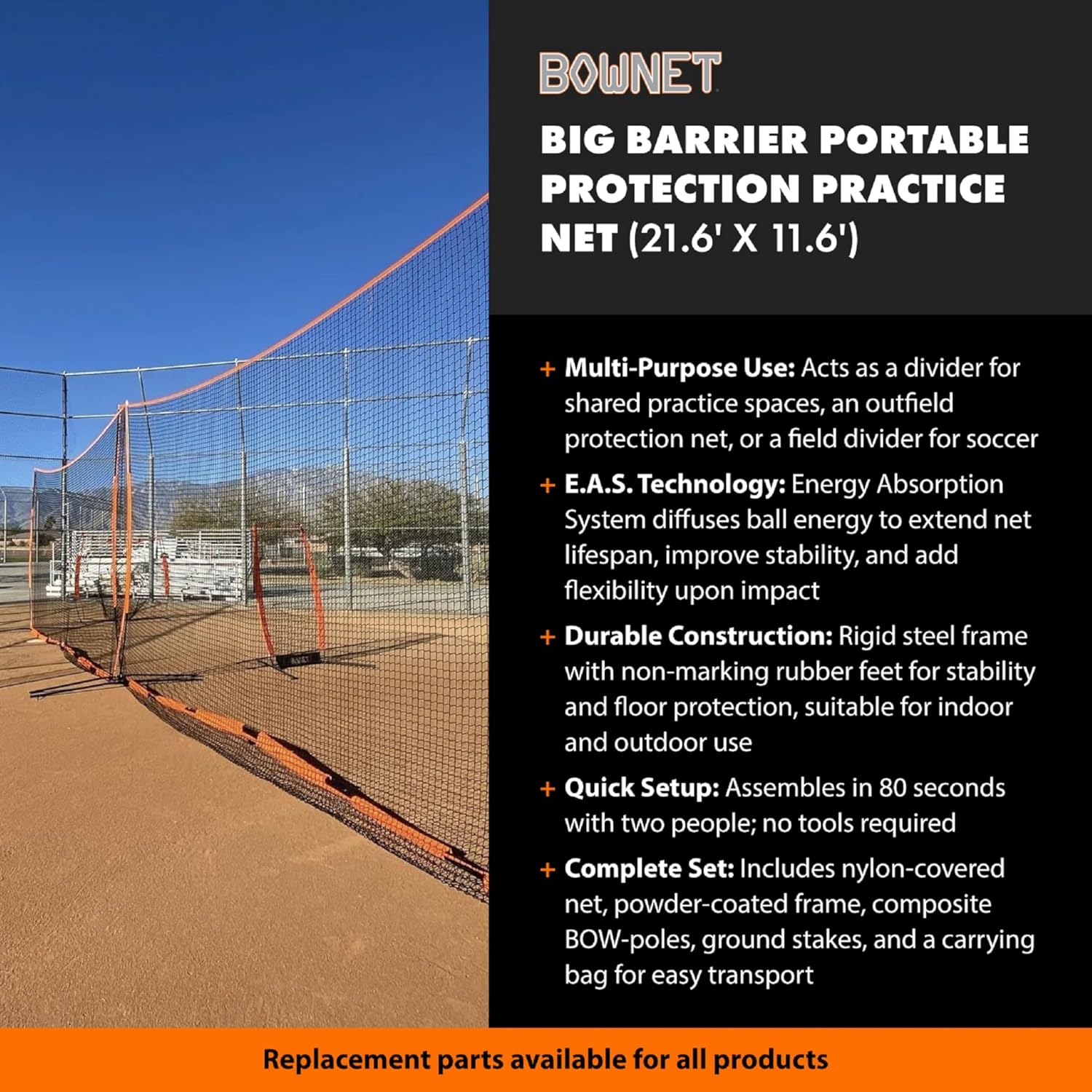 Bownet Big Barrier 21.6' x 11.6' Multi-Sport Backstop & Field Divider Net – Portable Safety Barrier for Soccer, Baseball, Softball & Lacrosse, Steel Frame, Fast Setup