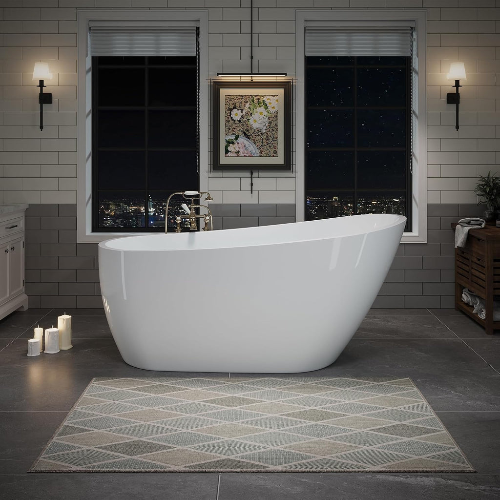 63' Acrylic Freestanding Bathtub, Deep Soaking Bathtub with Pop up Drain Integrated Overflow, Stand Alone Bath Tub for Bathroom Spa or Home Upgrade, Glossy White TH 26A04 63