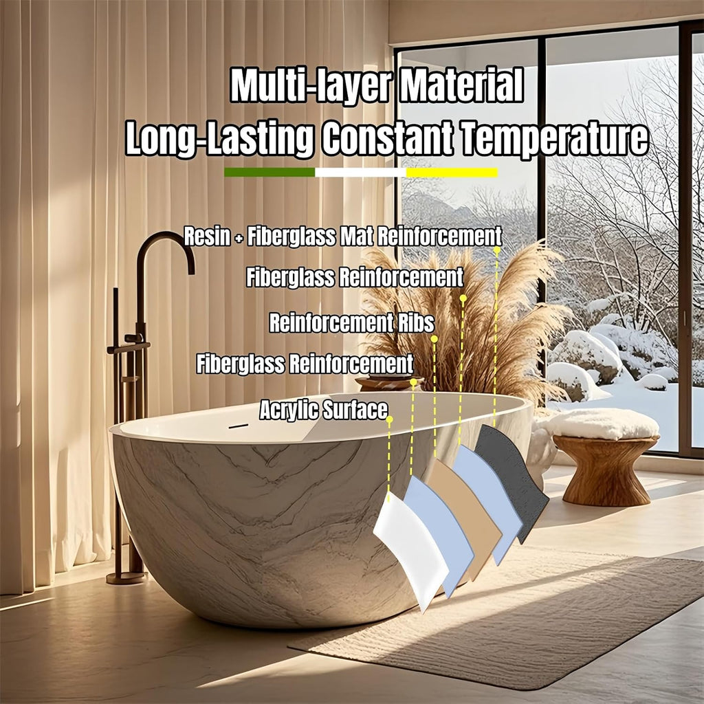 52' Edeyeu Freestanding Bathtub - Solid Surface, Extra Deep Soaking Tub, Luxurious Free Standing Bathtub for Home, Spa, Hotel, Durable Acrylic Soaker Tub with Modern Design, White