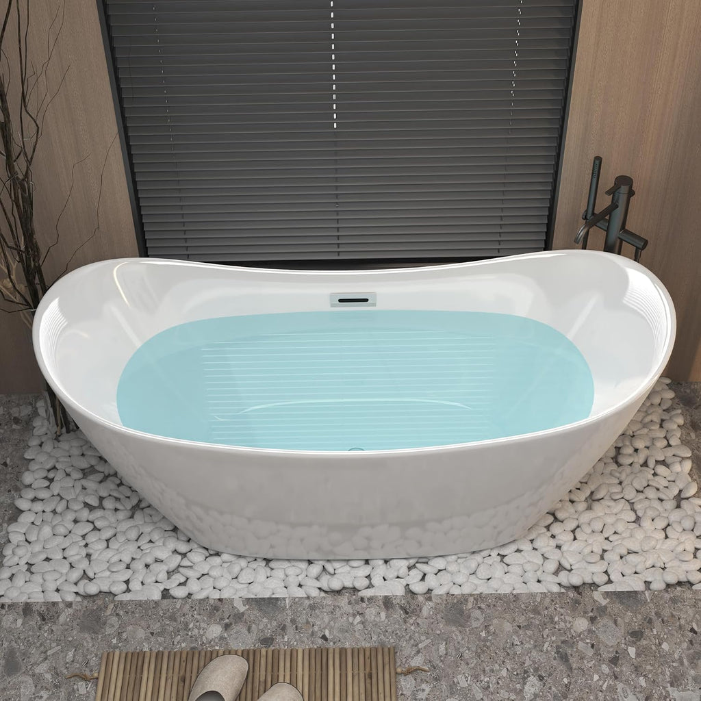Zavdz 59'' Gloss White Freestanding Acrylic Bathtub, Soaking Tub with Chrome Overflow & Pop-Up Drain, CUPC Certified, Easy Install & Spacious Design