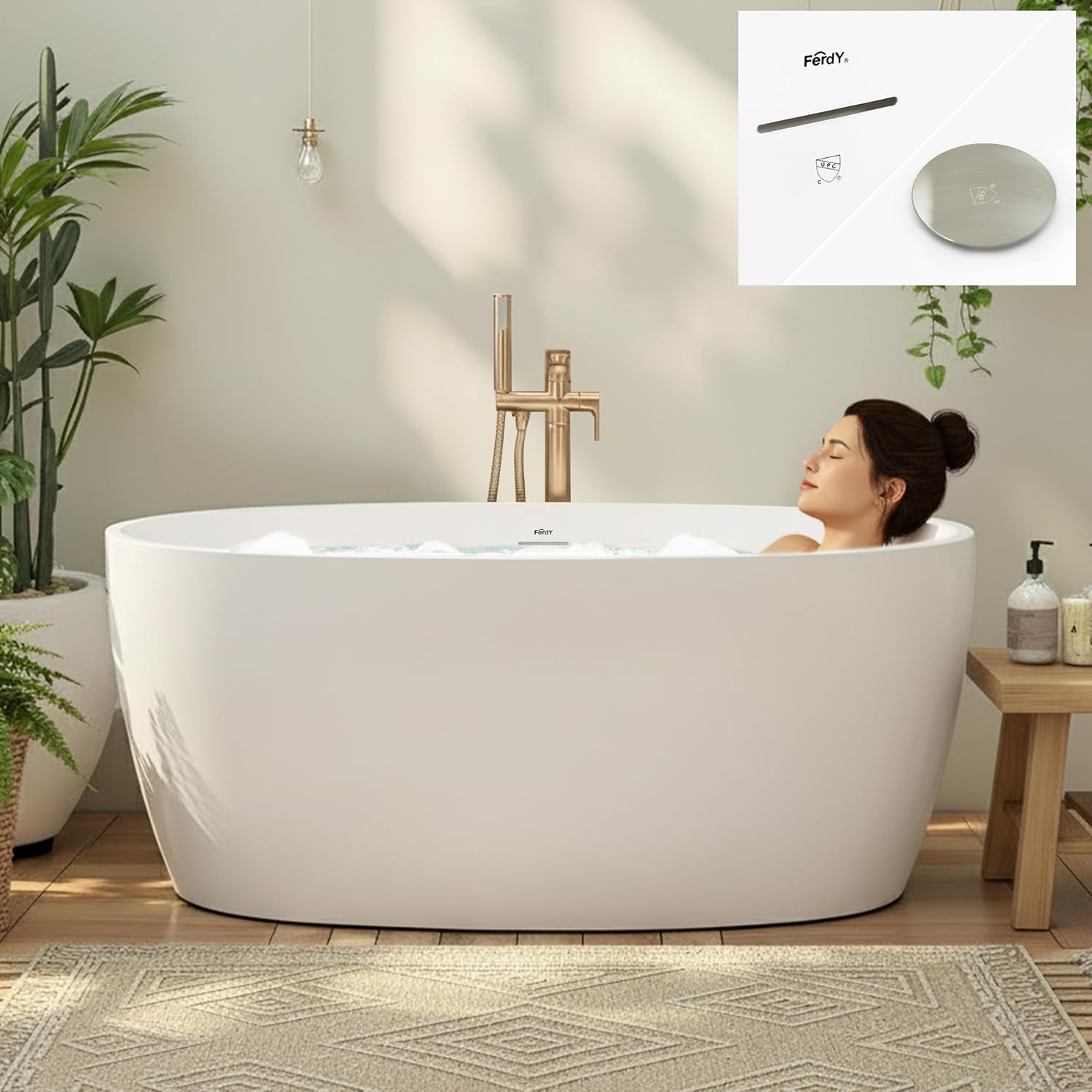 FerdY 55' Acrylic Freestanding Bathtub, Contemporary Soaking tub with Brushed Nickel Drain & Overflow, cUPC Certified, Elegant Oval Shape, Tahiti