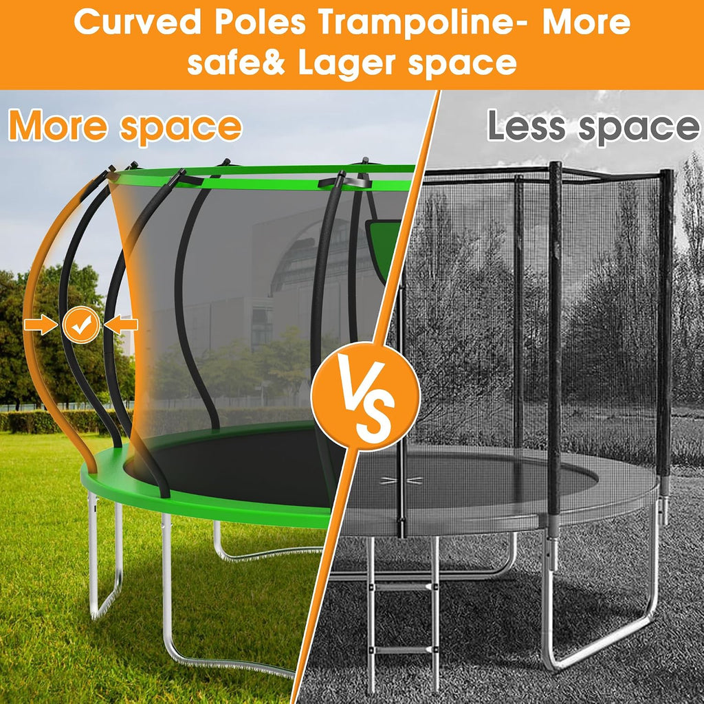 KOFUN 1500LBS 10/12/14FT Tranpoline Outdoor for Kids and Adults, Tranpolines with Net, Ladder, Recreational Tranpoline with Basketball Hoop Easy to Assemble - Curved Poles Larger Room, ASTM Approval