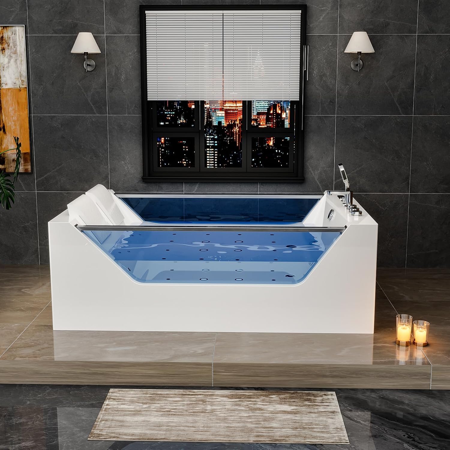 Empava PRO Series 71'x48' Whirlpool Tub | Heated Bubble Spa for 2 with Thermostatic Control & Chromotherapy | Acrylic Freestanding Soaking Bathtub, White (ETL Certified)